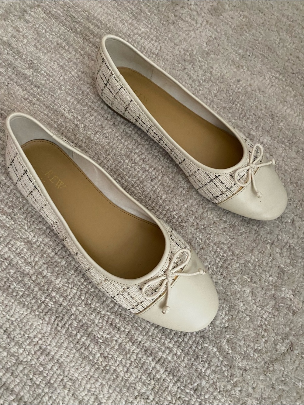 J. Crew Cream Tweed Cap-Toe Ballet Flats with Bow